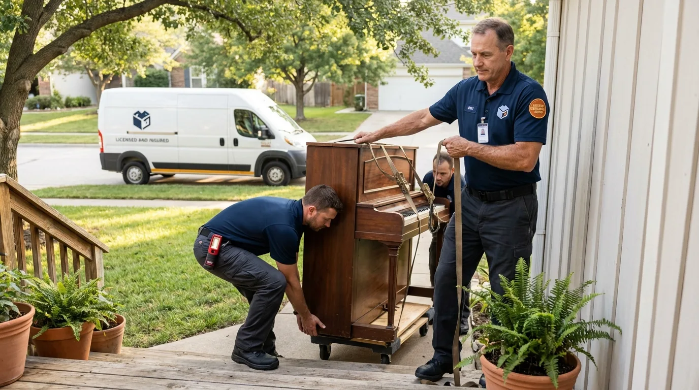 Licensed piano movers securing grand piano in Boonville, NC