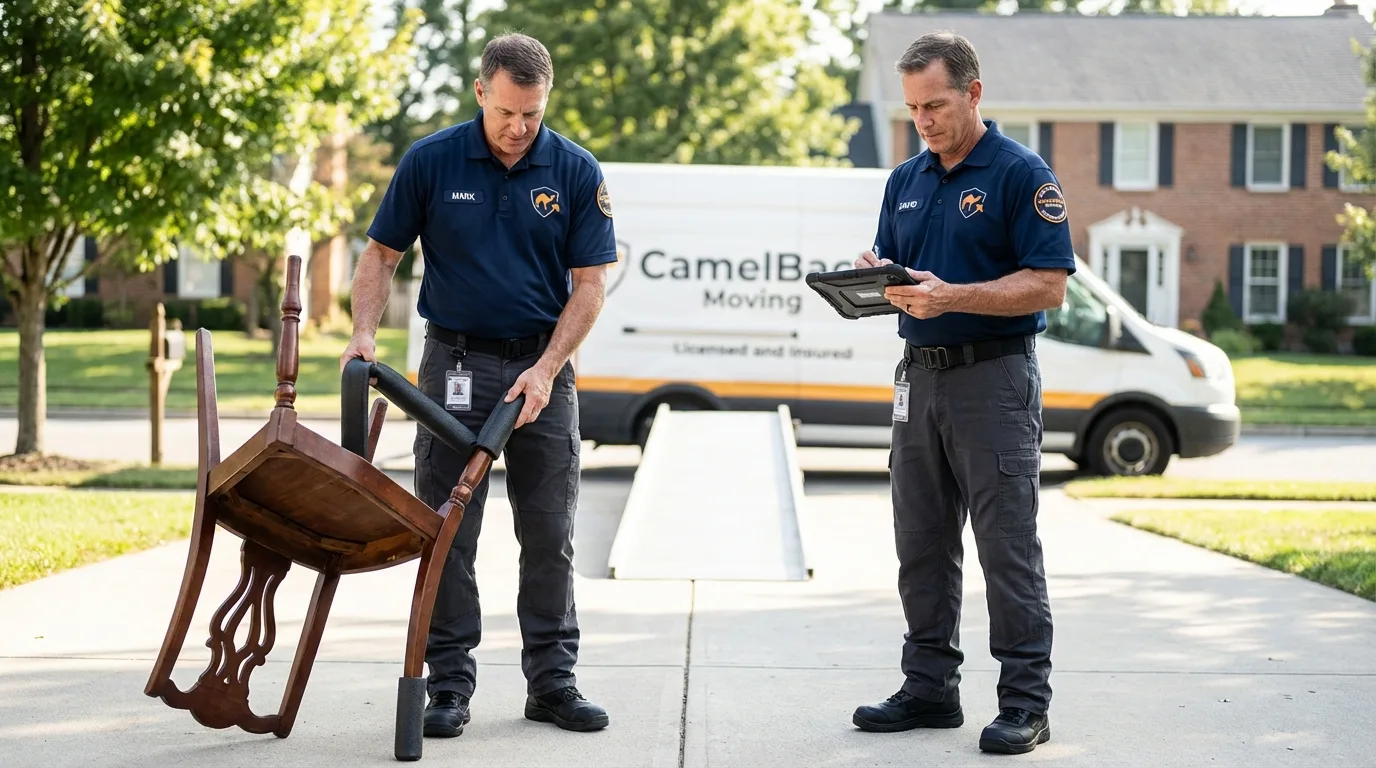 Movers inspecting furniture for damage prevention before loading in Boonville, NC